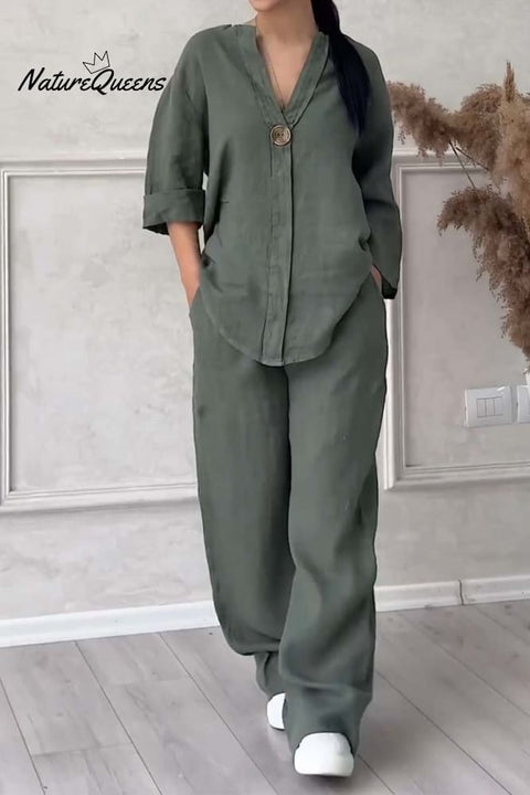 Casual button decorated cotton and linen two-piece set