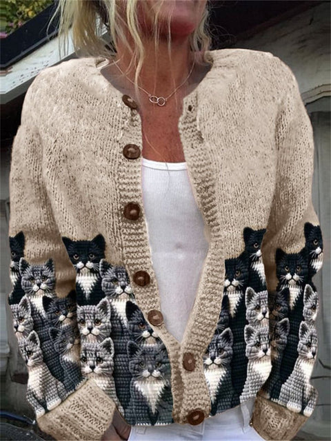Retro Cat Art Print Buttoned Cardigan Sweater