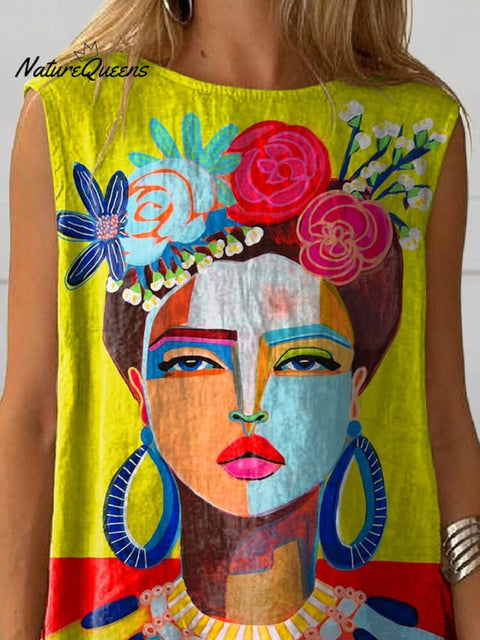Oil Painting Freda Portrait Art Printed Women's Casual  Cotton And Linen Tank Top