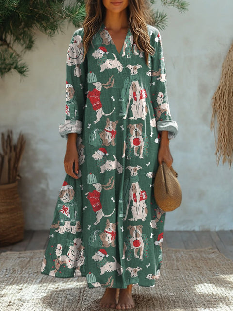 Christmas And Puppy Dog Pattern Printed Women's Dress