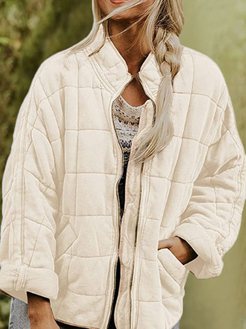 Women's Solid Color Stand Collar Loose Long Sleeve Pocket Cotton Jacket