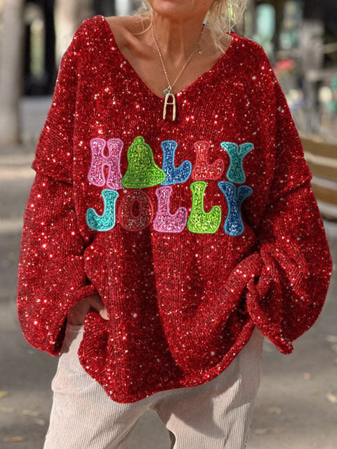"Holly Jolly" Glitter Christmas Graphic Printed Women's Casual Pullover Sweater