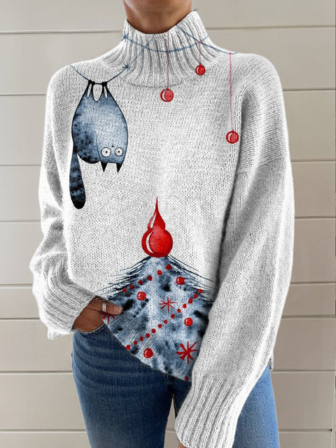 Retro Christmas Funny Cats Print Knit Turtleneck Pullover Sweater