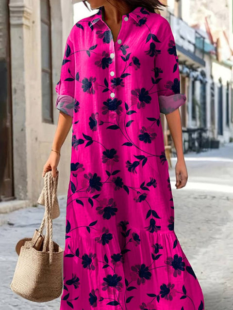 Vibrant Floral And Vine Pattern Printed Women's Pocket Cotton Dress