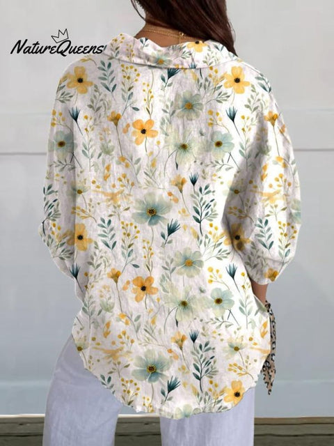 Women's Yellow Green Elegant Small Flower Floral Print Casual Linen V-neck Shirt