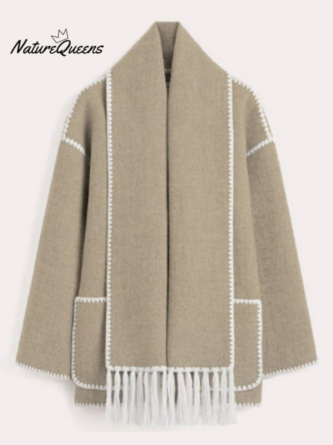 Women's Thickened Loose Woolen Coat with Scarf and Tassels