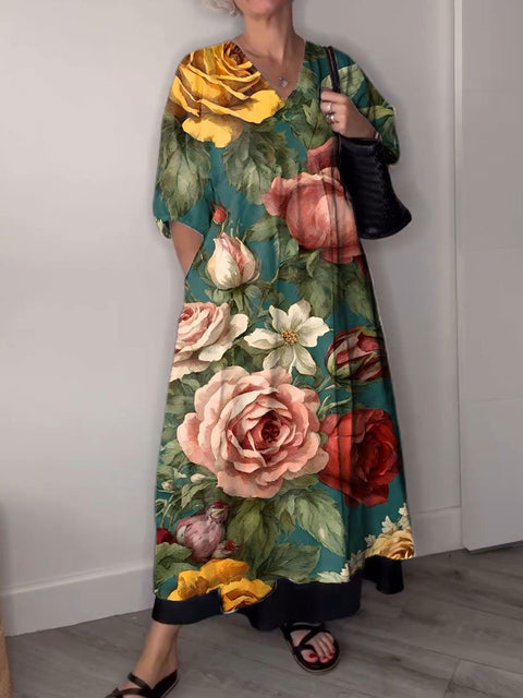 Women's Retro Florals Art Print Pocket V-neck Cotton Dress