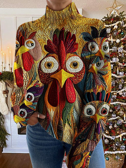Turkey Art Print Knit Turtleneck Pullover Sweater