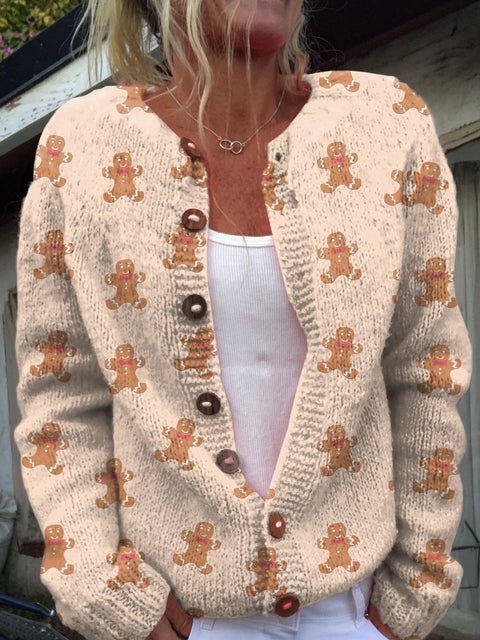 Christmas Gingerbread Man Print Buttoned Cardigan Sweater