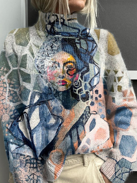 Abstract Face Art Painting Print Knit Turtleneck Pullover Sweater