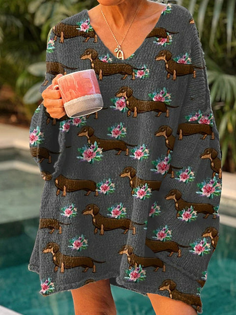 Women's Funny Dog Art Print Casual Pullover Sweater