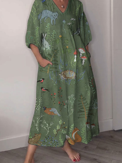 Woodland And Animal Pattern Printed Women's Pocket V-Neck Cotton Dress