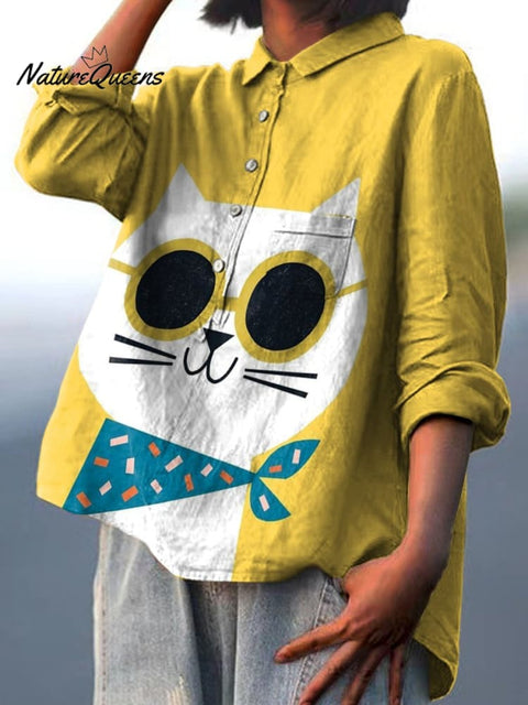 Decorative Pattern of Cute Cat Wearing Sunglasses and Scarf Casual Cotton And Linen Shirt
