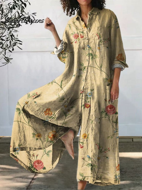 Women's Lovely Floral Art Print Casual 100% Cotton Wide Leg Jumpsuit