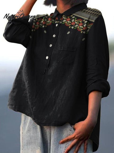 Plaid and Floral Botanical Decorative Pattern Casual Cotton And Linen Shirt