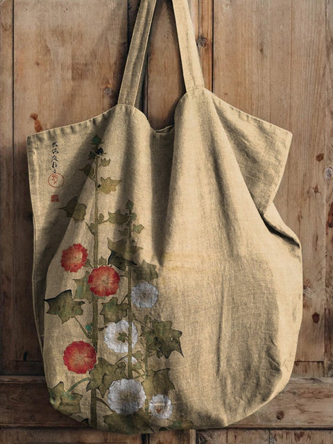 Japanese Style Morning Glory Floral Art Printed Linen Tote Bag