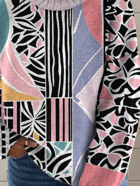 Abstract Geometric Pattern Art Print Knit Turtleneck Pullover Sweater