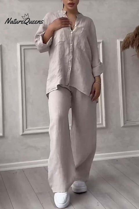 Casual solid color cotton and linen pants two-piece set