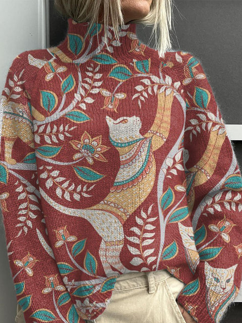 Boho Retro Floral Cat Print Knit Turtleneck Pullover Sweater