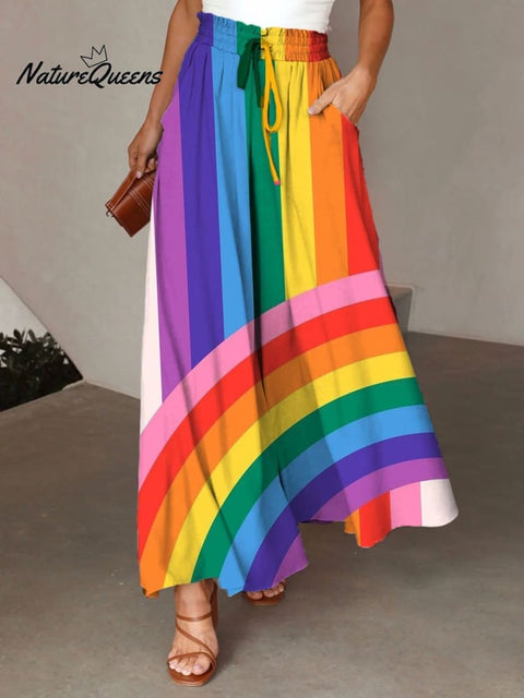Wide Leg Pride Day Rainbow Color Overlay Print Pants