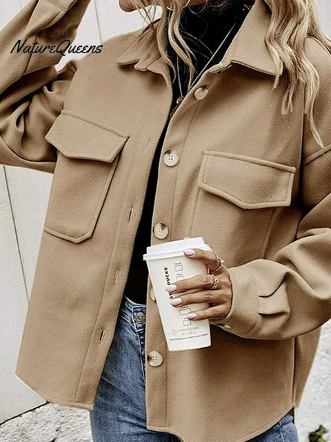 Women's Lapel Neck Solid Color Tweed Casual Jacket