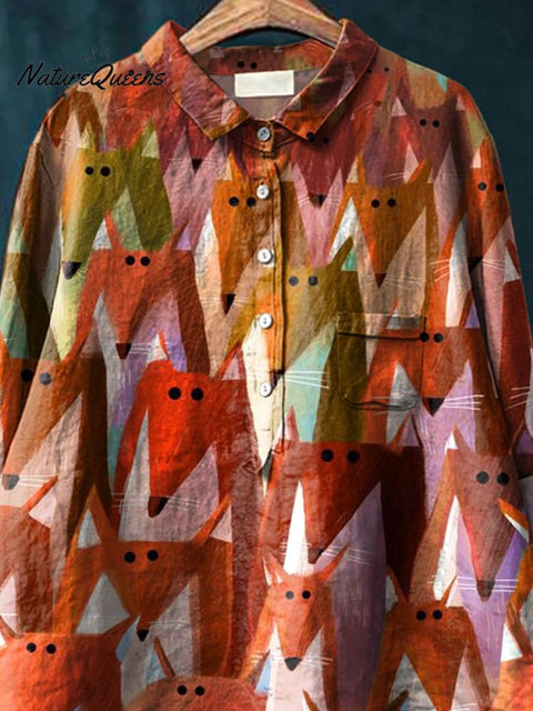 Woodland Foxes Repeat Pattern Printed Women's Casual Cotton And Linen Shirt