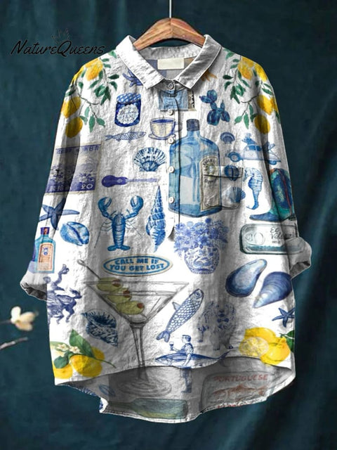 Summer Holiday Lobster Lemon and Cocktail Decorative Pattern Casual Cotton And Linen Shirt
