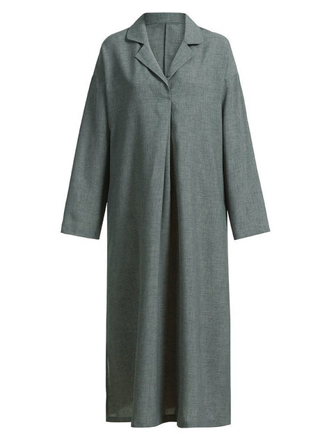 Women's Stylish Casual Loose Long Sleeve Solid Color Cotton And Linen Long Dress