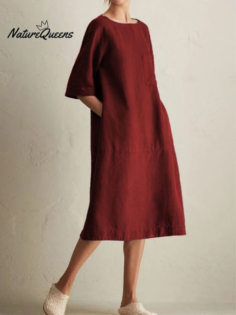 Round - Neck Mid - Sleeve Cotton Linen Pocket Dress Red / S