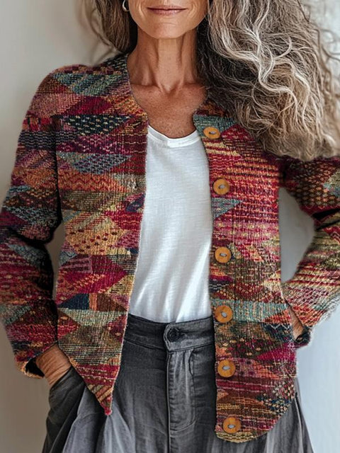 Retro Patchwork Pattern Printed Buttoned Cardigan Sweater
