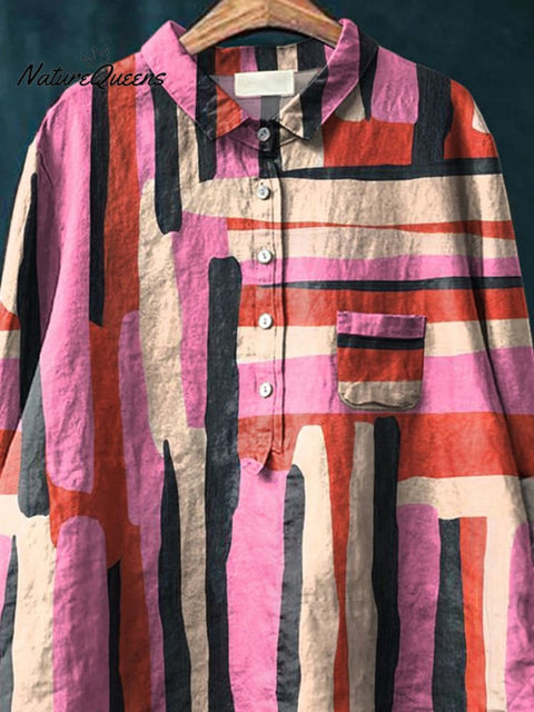 Abstract Geometric Line Pattern Printed Women's Casual Cotton And Linen Shirt