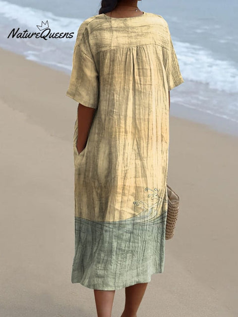 Women's Retro Waves Seabirds Japanese Art Graphic Print Flowy Dress