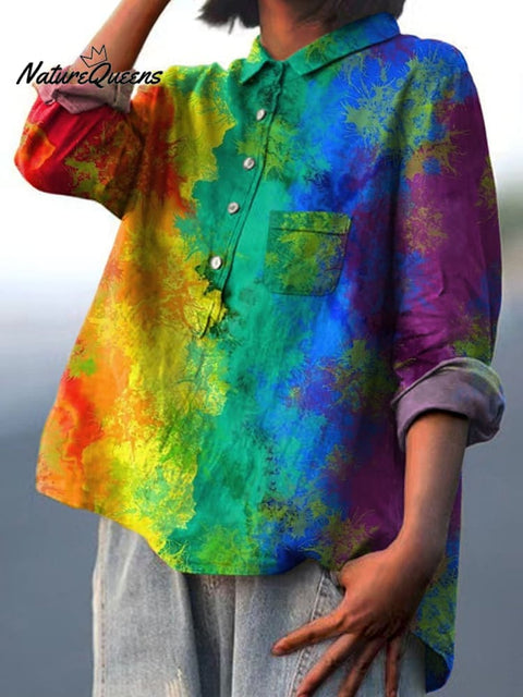 Rainbow Color Splash Paint Pattern Printed Women's Casual Cotton And Linen Shirt