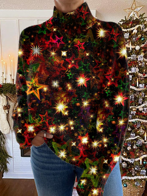 Glitter Christmas Print Knit Turtleneck Pullover Sweater