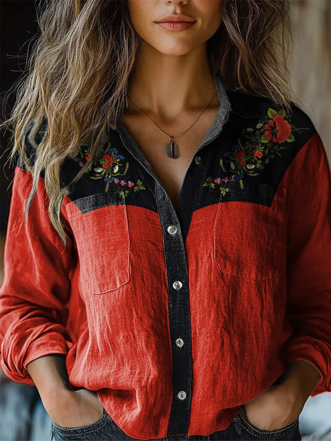 Ethnic Style Embroidery Floral Art Printed Women's Casual Long Sleeve Comfortable Cotton Shirt