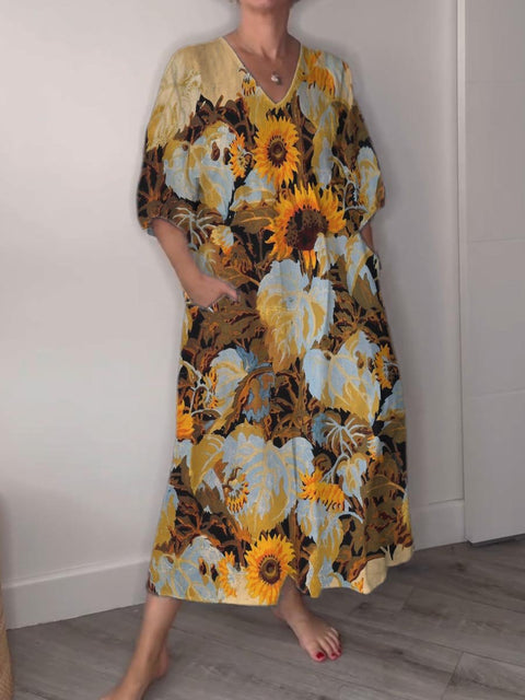 Sunshine Sunflower Field Decorative Pattern Pocket V-neck Cotton Dress