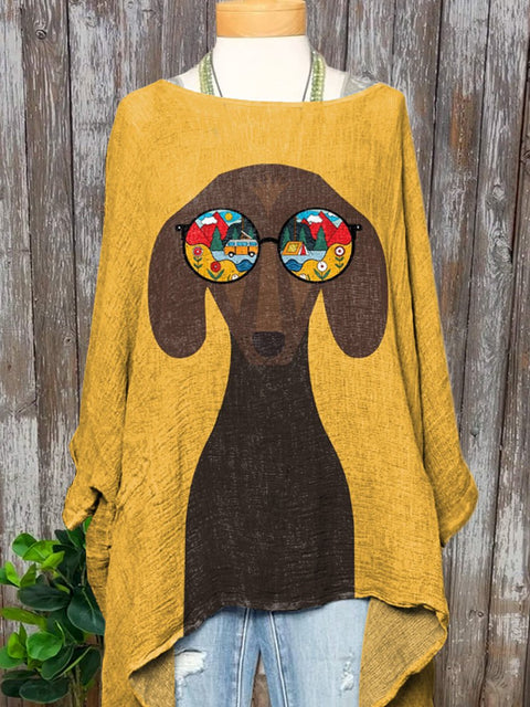 Dachshund Dog Art Printed Women's Pocket Cotton Top