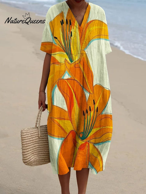 Yellow Lily Decorative Pattern Flowy Dress