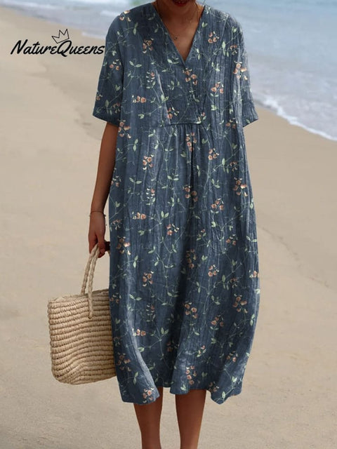 Petite Floral On Vine Pattern Printed Women's Flowy Dress