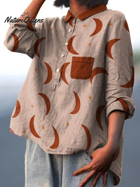 Moon and Stars Decorative Pattern In Orange Tones Casual Cotton And Linen Shirt