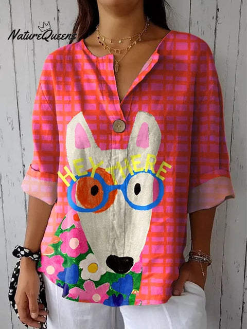 Women's  Dog Art Print Casual Cotton Linen Shirt
