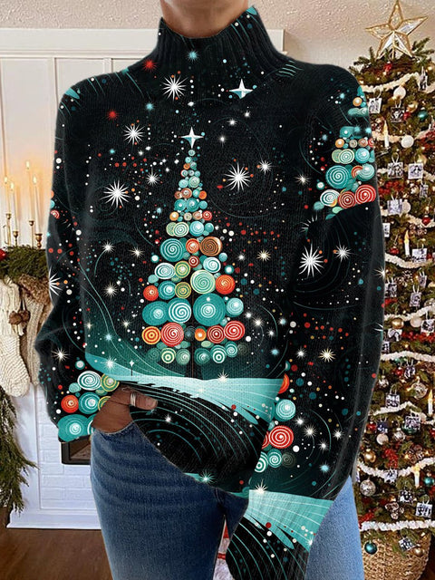 Glitter Christmas Print Knit Turtleneck Pullover Sweater