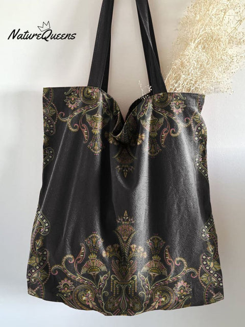 Symmetrical Paisley Plant Pattern Linen Tote Bag