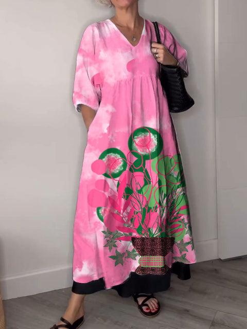 Women's Pink Florals Art Print Pocket V-neck Cotton Dress