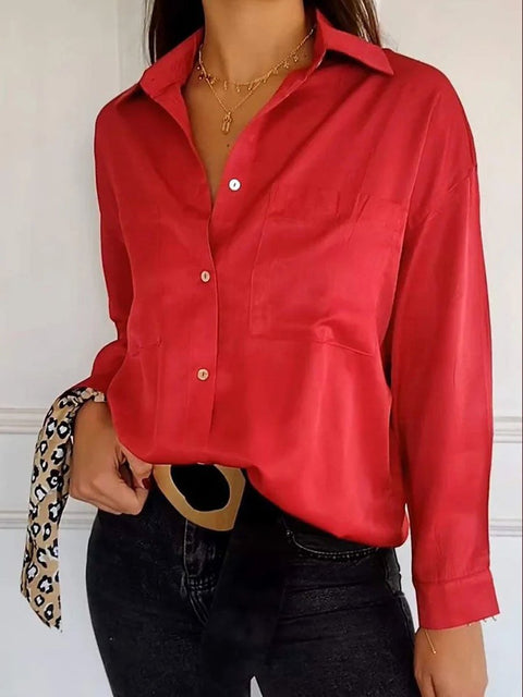 Women's Stylish Lapel Fashion Solid Color Long Sleeve Pocket Casual Shirt