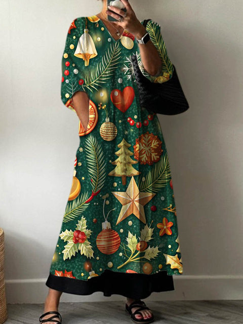 Women's Lovely Christmas Pattern Art Print Pocket V-neck Cotton Dress