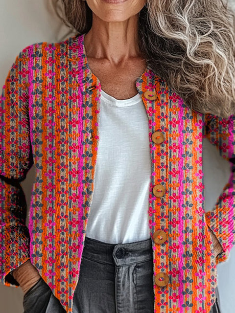 Geometric Floral Pattern Printed Buttoned Cardigan Sweater