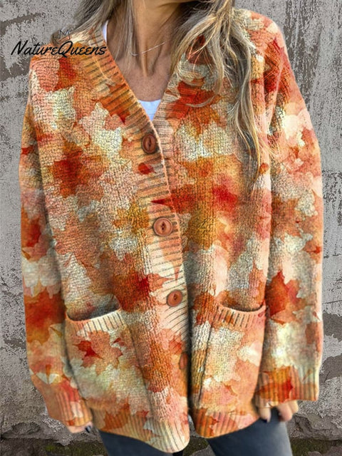 Autumn Maple Leaves Art Print Buttoned Cardigan Sweater