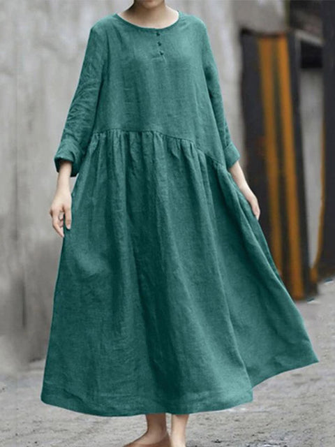 Women's Stylish Casual Loose Long Sleeve Solid Color Cotton And Linen Irregular Pocket Dress