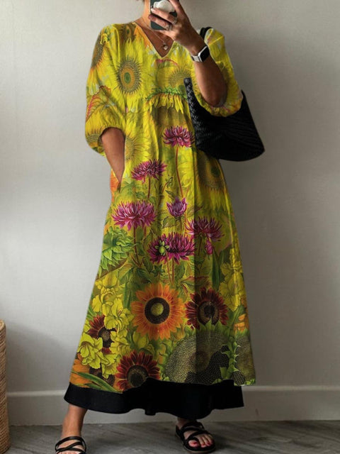 Brilliant Sunflower Garden Decorative Pattern Pocket V-neck Cotton Dress